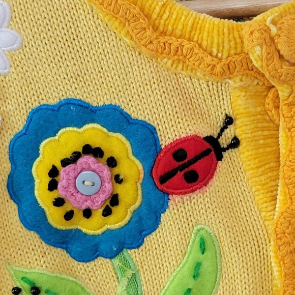 Berek by Takako Sakon Vintage Knit Yellow Crochet Garden Lady Bug Flower Top L - Picture 15 of 16